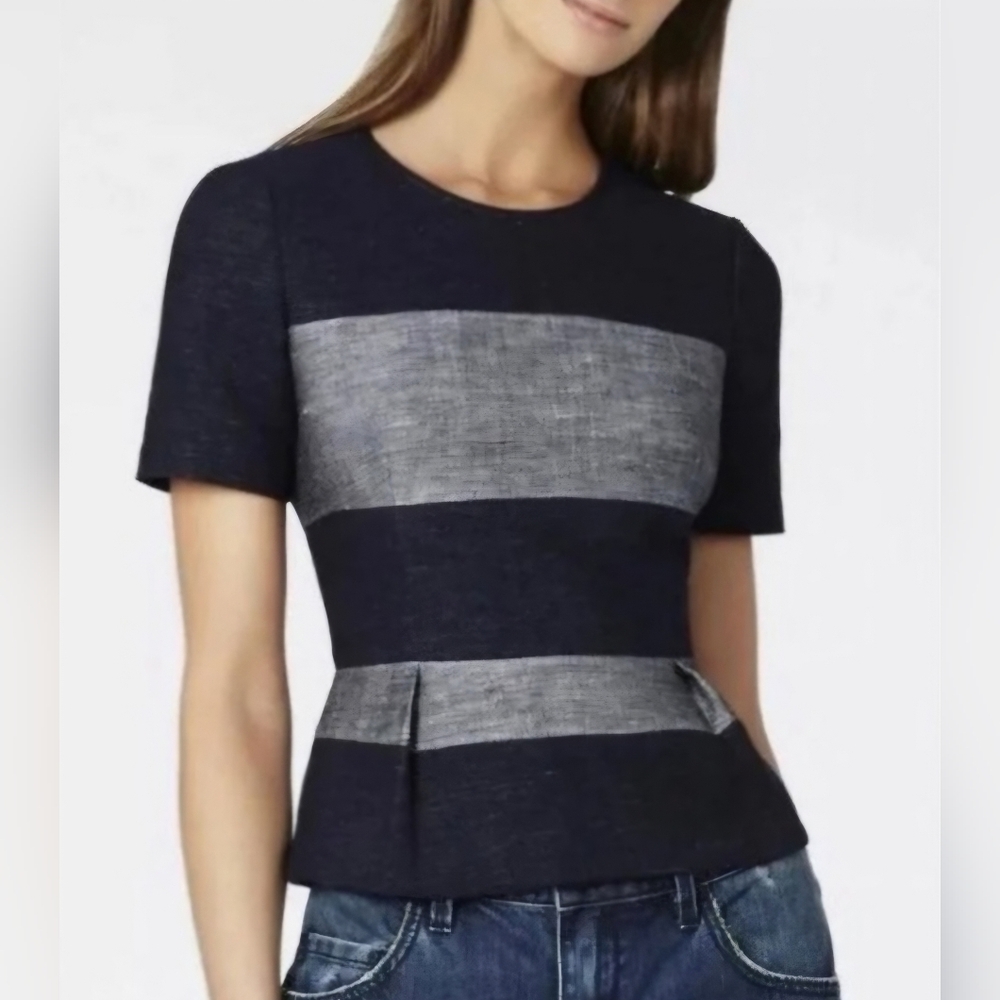 BCBGMAXAZRIA Necole navy and grey striped linen-blend peplum top